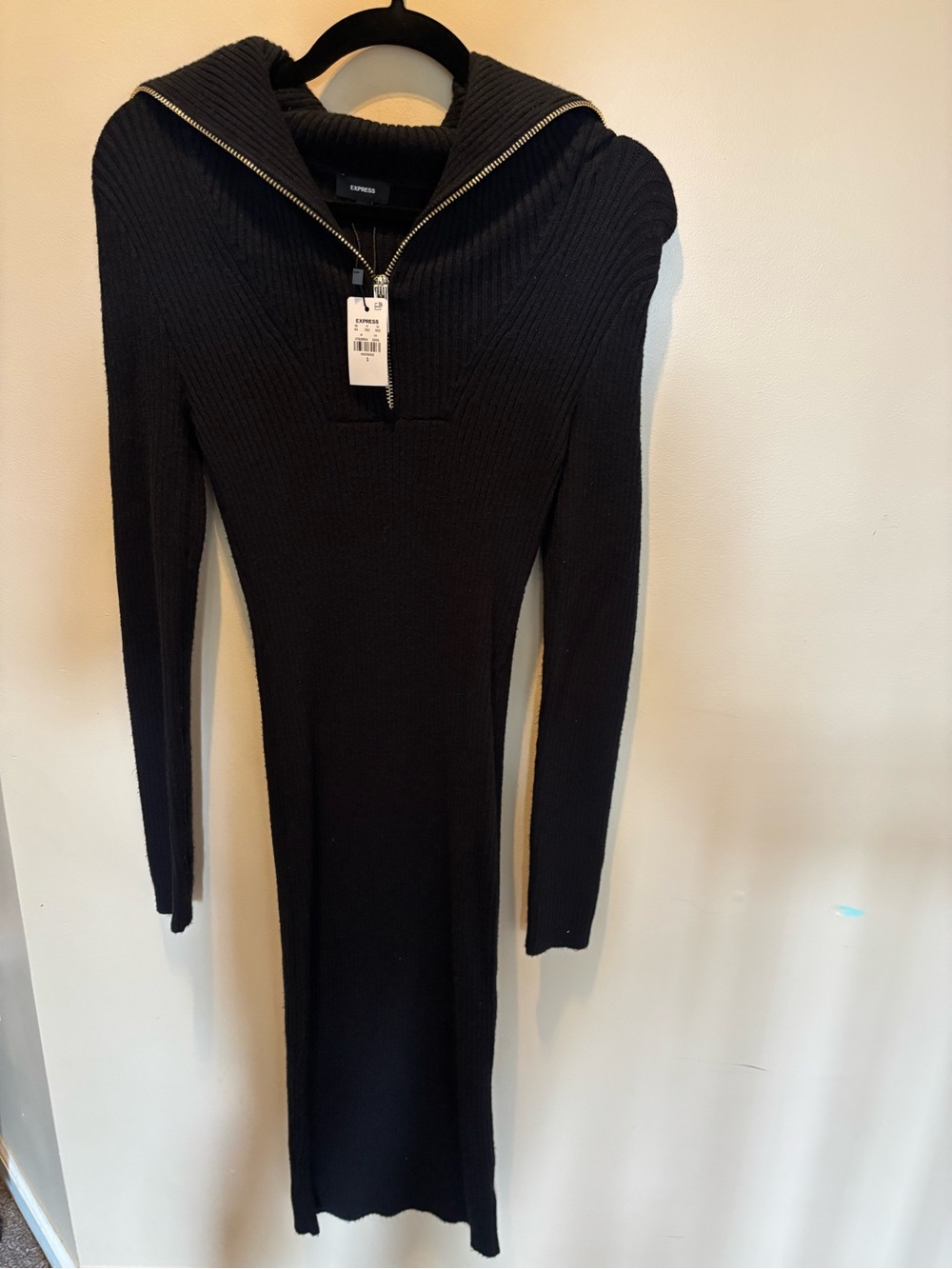 Express Black Ribbed Sweater Zip-Hood Long Sleeve Midi Dress